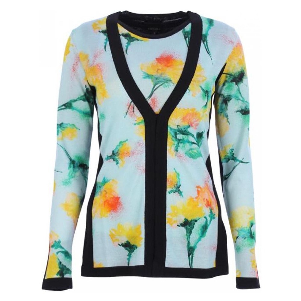Escada Black and Floral Print Wool‎ and Silk Blend Cardigan Women's Size Small